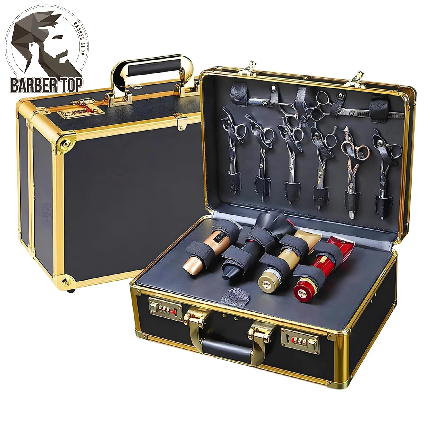 Barber Carrying Case Luxury Portable Clippers Storage Box Professional Double Layer Hairdressing Tools Organizer Case Gold