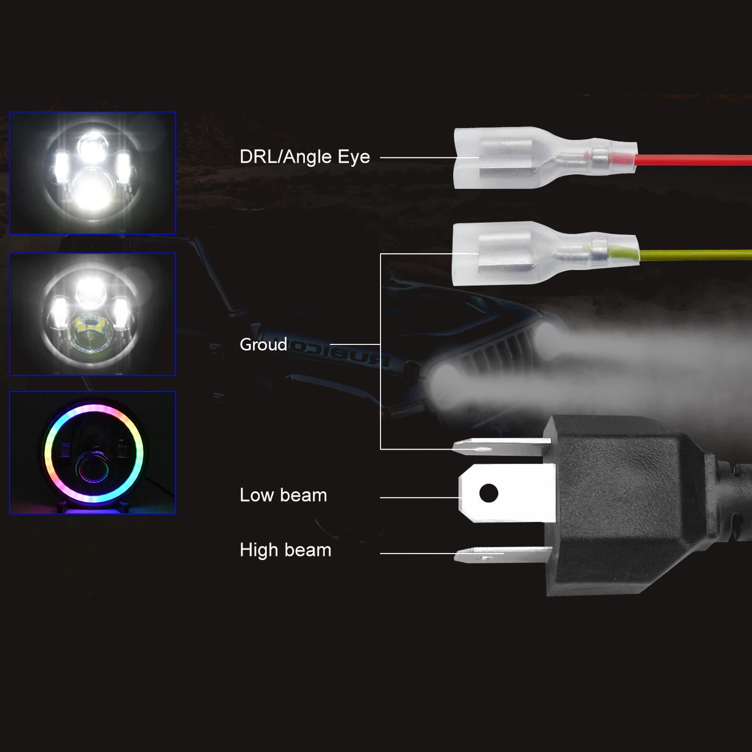 Angel Eyes DRL 7" Car Headlamp with High/Low Beam Turn Signal Jeep Crystal Len