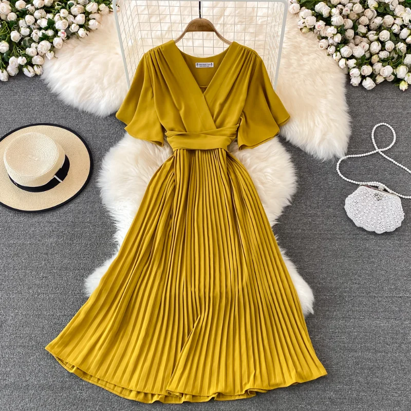 

New Women Dresses Elegant Pleated Dress Summer Short Sleeve V-neck Vintage Dresses Ladies A Line High Waisted Midi Dress