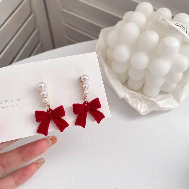 LATS Red Black Bowtie Earrings for Women Girls Simulated Pearl Cloth Bow Tie Earrings Jewelry Ear Accessories Beautiful Gifts