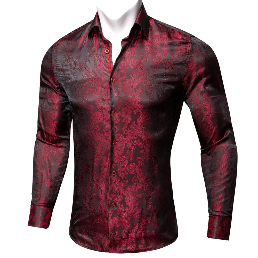 

Classic Burgundy Paisley Long Sleeve Polyester Mens Shirt Casual Fit Jacquard Lapel Pattern Business Wedding Party Barry.Wang