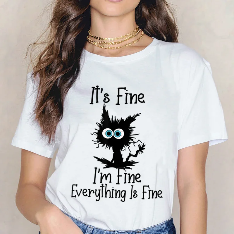 Kawaii Czarna Koszula Dla Kotów Kobieta, W Porządku, Wszystko W Porządku, Wszystko W Porządku Koszulki Harajuku Moda Kreskówka Streetwear Y2K Letnie U