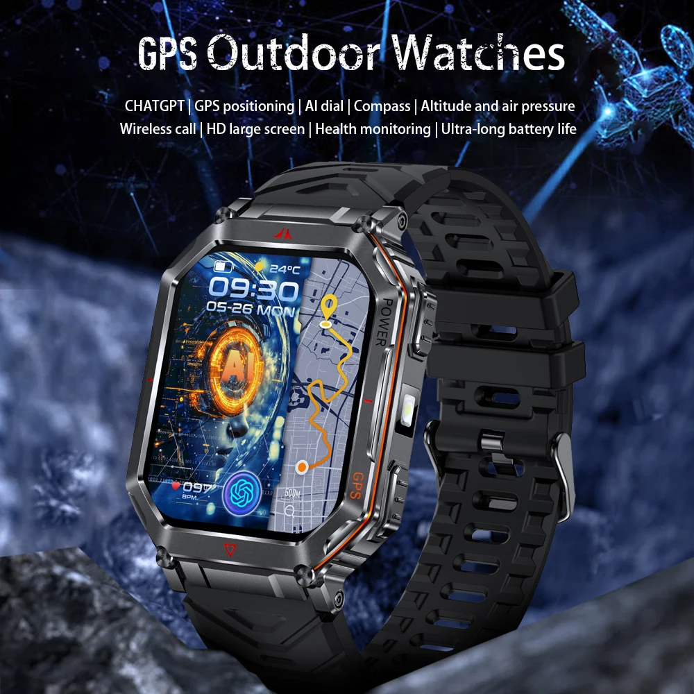 남성용 KR92 GPS 스마트워치 - 2.01인치 HD 화면, 100가지 이상의 스포츠 모드, LED 손전등, 블루투스 통화, 나침반 및 고도 모니터