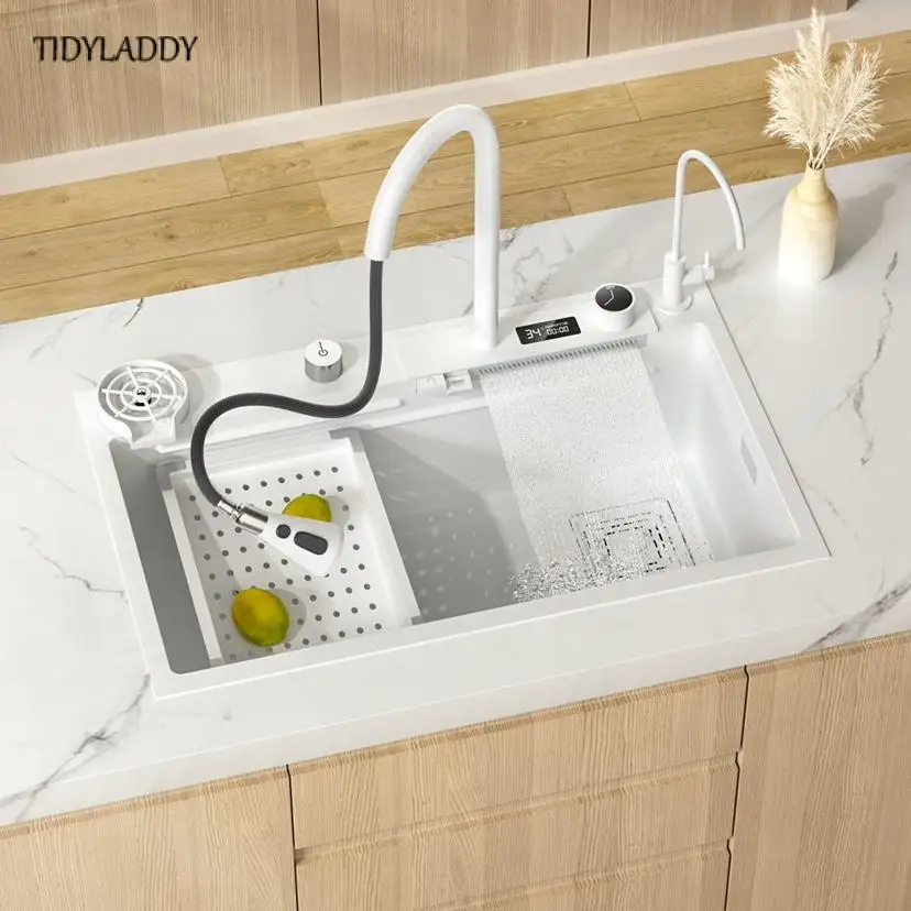 304 Stainless Steel Nano Multifuctional Sink Digital Display Waterfall Kitchen Sink Vegetable Wash Basin White Large Single Tank