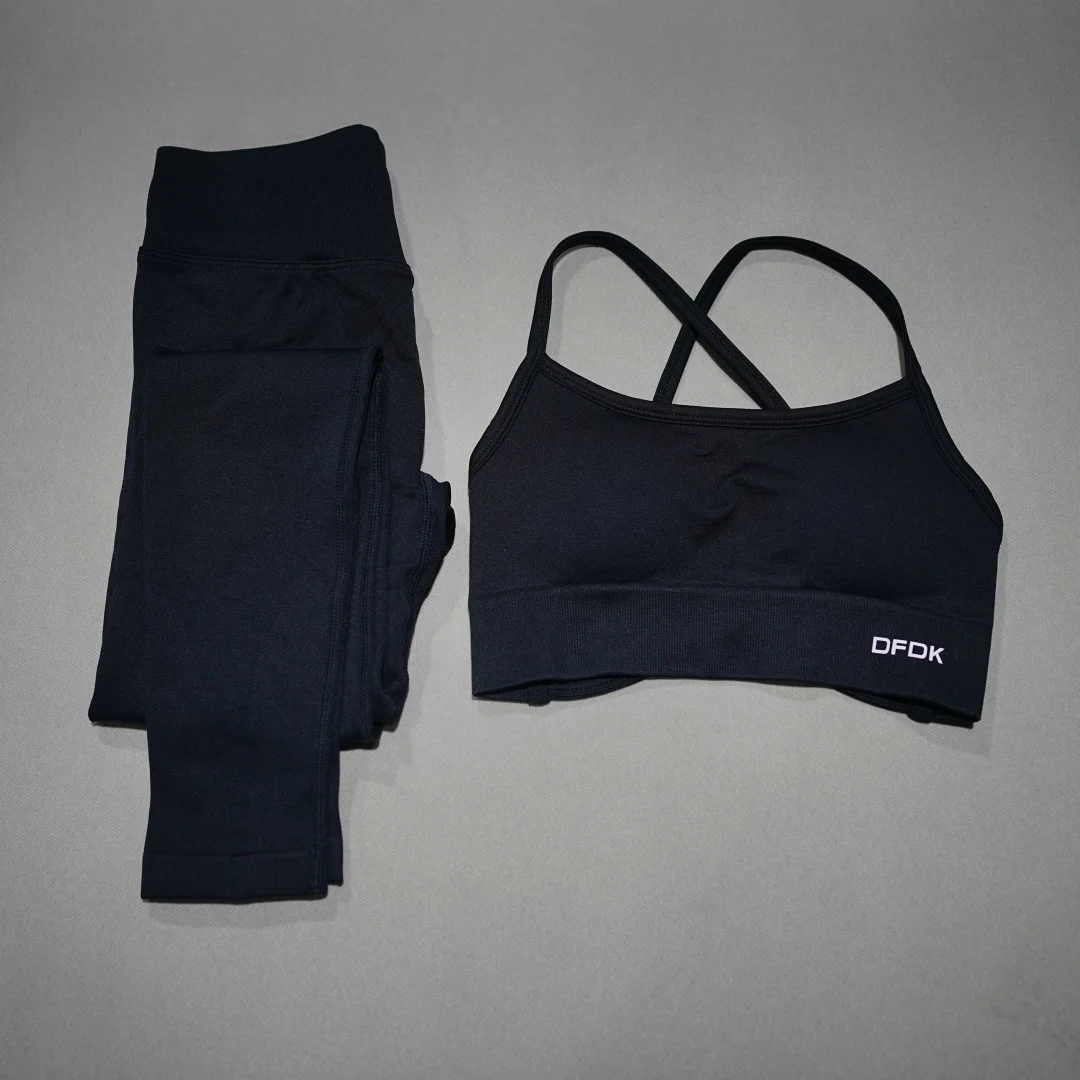 DFDK High Waist Stretch Leggings Set, Seamless Tie Back Sports Top, 2Pcs Workout Suit for Outdoor Fitness Running