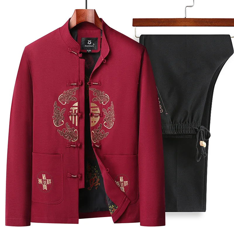 Tang Suit (top + Pants) Spring and Autumn Fashion Middle-aged and Elderly Chinese Style Grandpa Men Shou Fu Word Suit 2