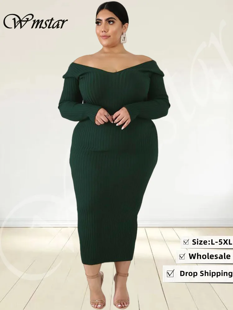 

Wmstar Plus Size Dresses Women Fall Clothes Ribbing Bodycon Solid V Neck Long Sleeve Elegant Maxi Dress Wholesale Dropshipping