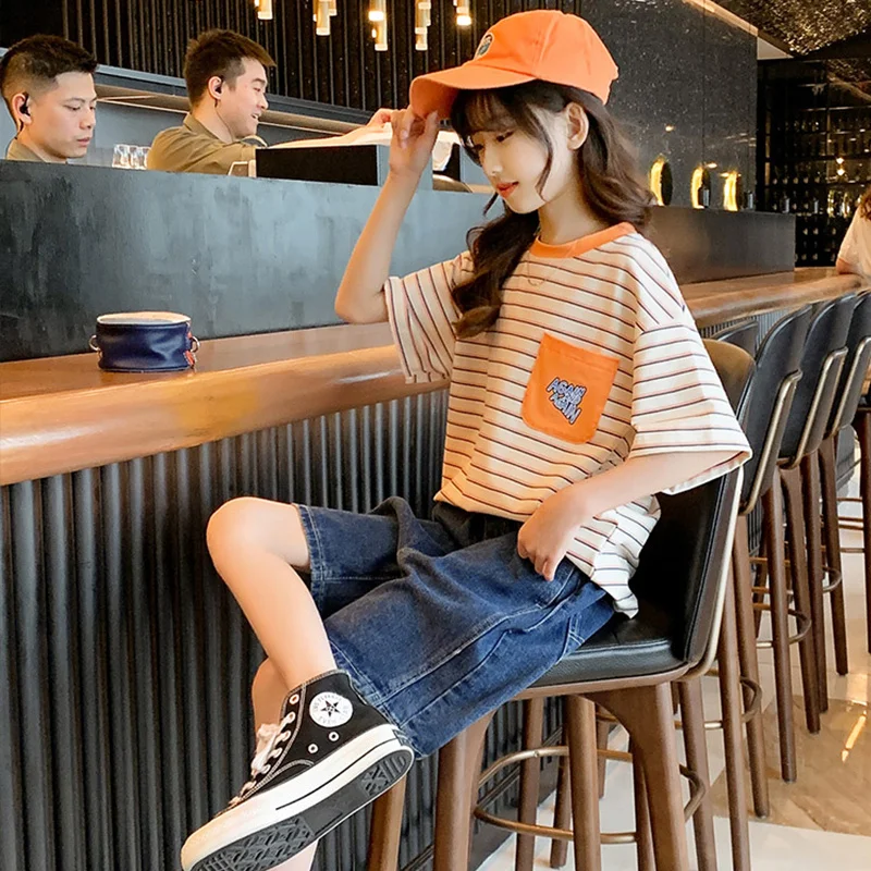 여자 여름 티셔츠 순수 코튼 스트라이프 루즈핏 반팔 탑 캐주얼 트렌디 티셔츠 큰 사이즈 여자 청소년용 부드럽고 통기성 좋은