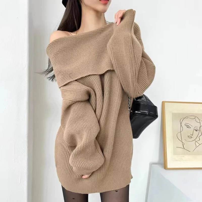 

VANOVICH Korean Style Autumn and Winter New Retro Slash Neck Loose Casual Long-sleeved Knitting Dress Female Solid Color Dress
