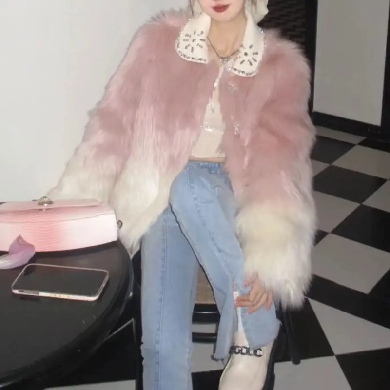 Gradient Plush Jacket New Woman Fake Fur Warm Fashion Autumn And Winter Short Coat  Europe And America Fur Jacket 2023