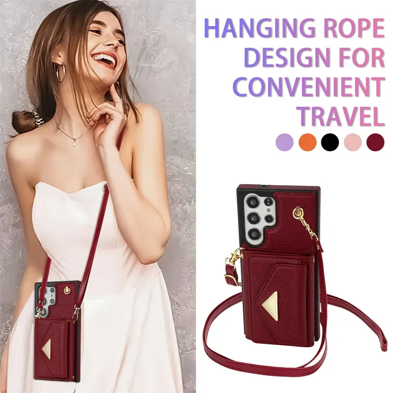 Lanyard Crossbody Leather Phone Case with Card Wallet Cover