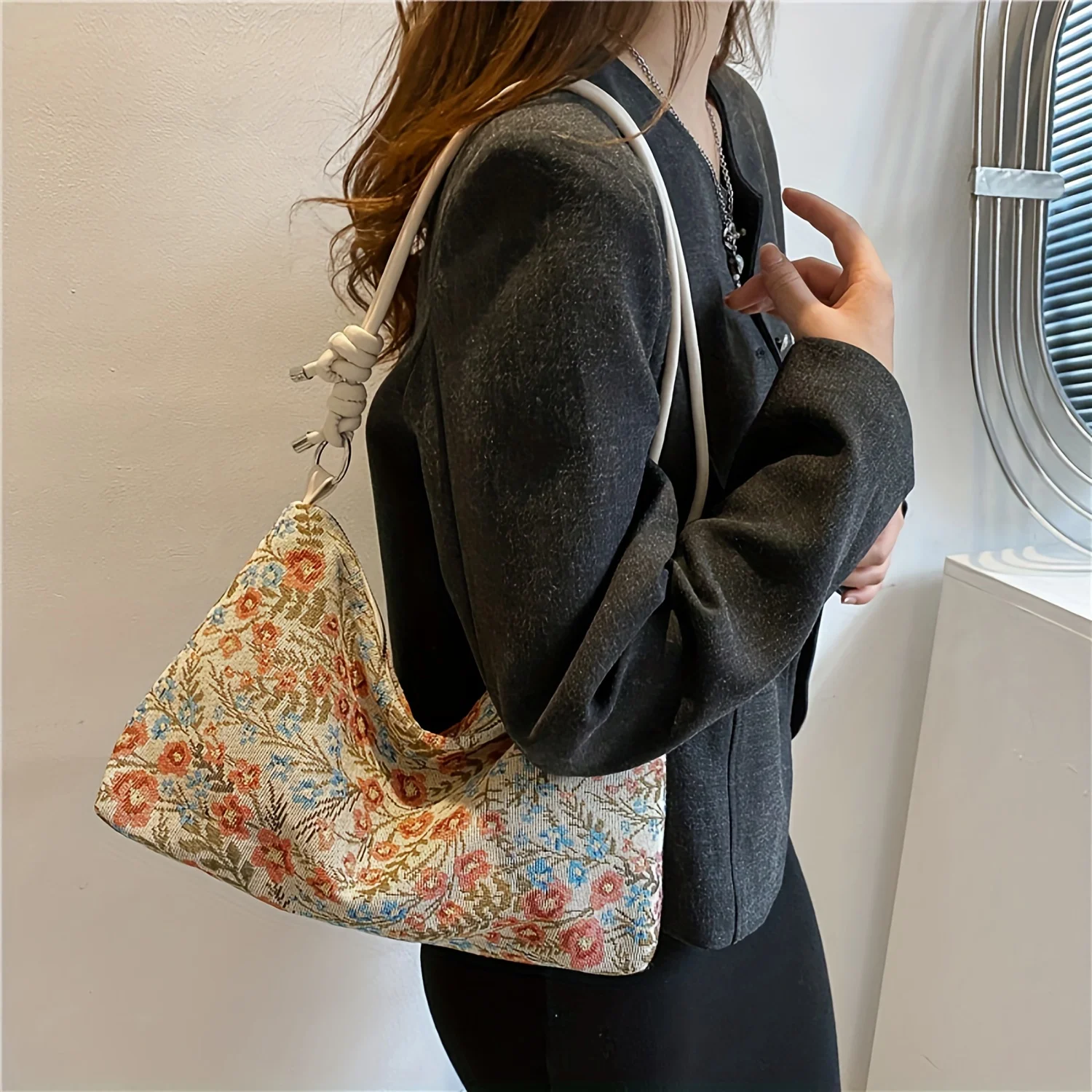 1PC Vintage Print Underarm Bag Large Capacity Fashion Women's Simple Multi-functional Canvas Shoulder Bag Casual Baguette Bag 5