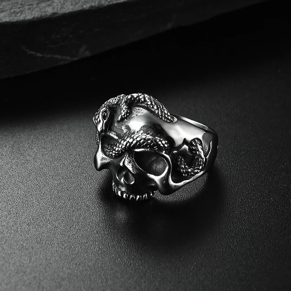 Megin D Stainless Steel Titanium Evil Eyes Hip Hop Skull Snake Gothic Punk Ring for Men Women Couple Gift Fashion Jewelry Friend