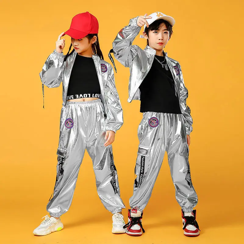 Silver Suit Girls Boys Ballroom Jazz Dance Costumes Hip Hop Shirt Skirt Pants Stage Outfits Kids Dancing Clothes for Child Dance