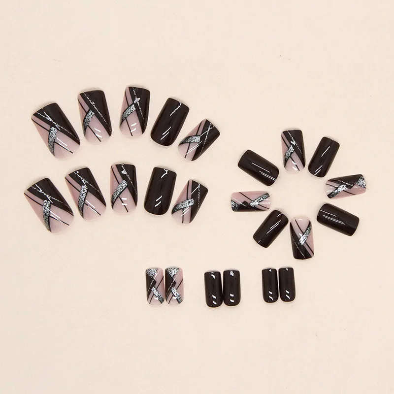 French Nails 24 PCs Short French Minimalist Glitter Line Nails 1 Jelly Gel 1 Nail File