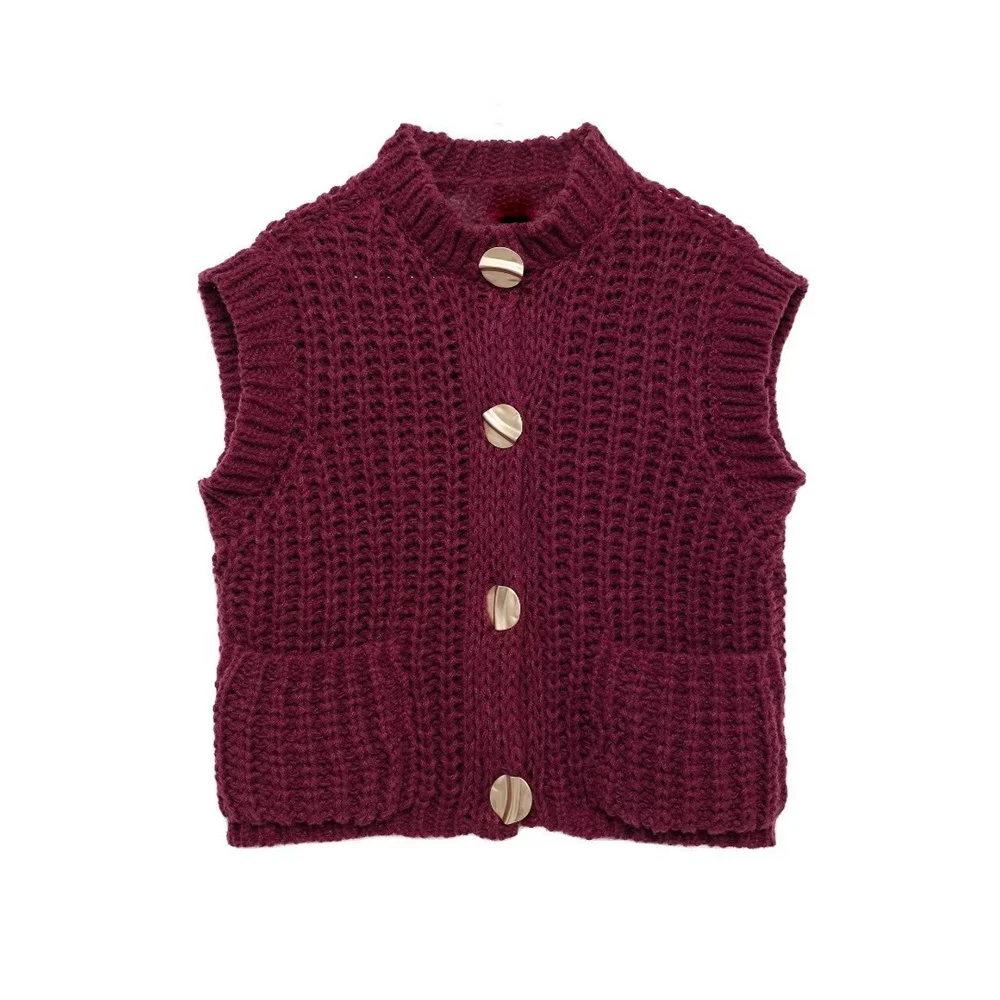 Zach Ailsa women's single breasted pocket cardigan autumn and winter new item thick needle sleeveless round neck knitted vest 5