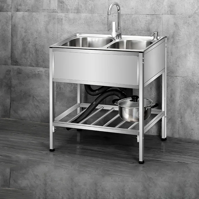 Double Basin Simple Kitchen Sink for Dining Room Reinforced Bracket Metal Sinks Modern Floor Standing Kitchen Sinks for Home