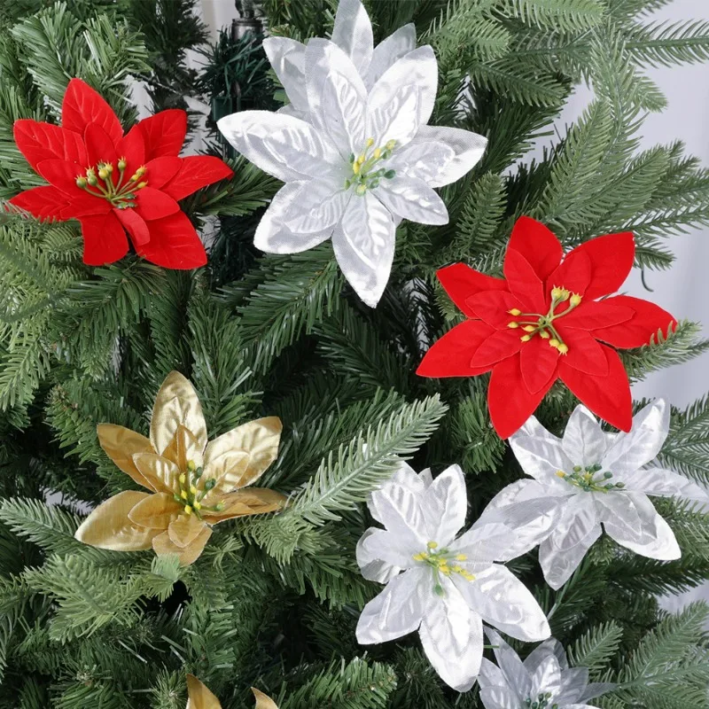 Description Picture 5 of item1/5/10Pcs Christmas Flowers Glitter Artificial Poinsettia Xmas Tree Ornaments DIY Garlands Home Wedding Party Decorations Gifts