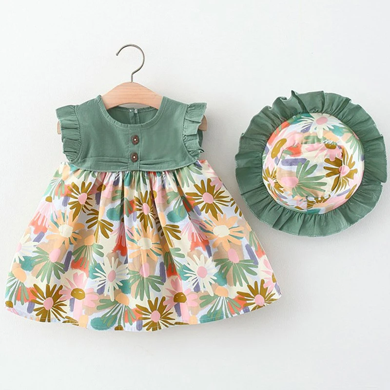 

2Piece Summer Clothes Baby Girl Outfits Korean Cute Flowers Print Sleeveless Cotton Princess Dresses+Sunhat Kids Dress BC1540-1