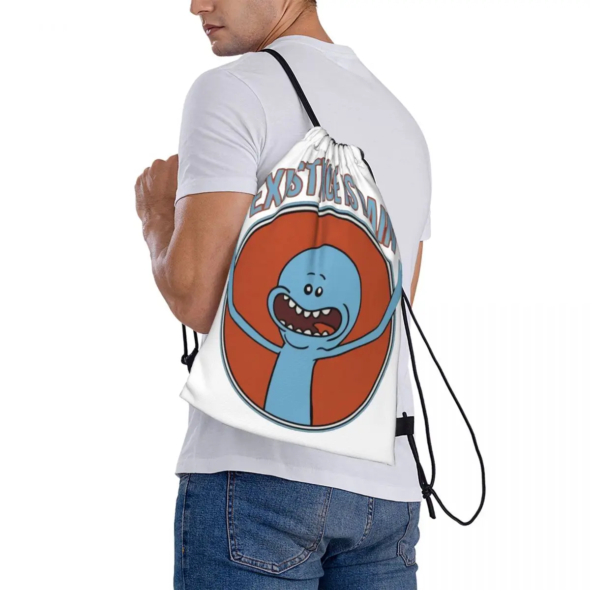 Mr Meeseeks 존재 통증, 재미있는 노벨티 드로스트링 백, 배낭 여행 메쉬 가방, 맞춤형 파우치, 맞춤형 배낭