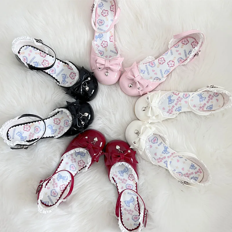 Original Lolita Sandals Women's Summer Elegance Low Heel Bow Hollow Cute Leather Lo Shoes Girls Bow Pumps