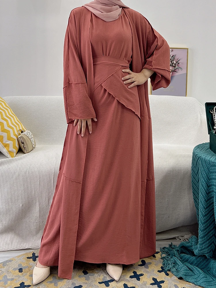 

3 Piece Muslim Woman Set Open Abaya Hijab Dress Wrap Skirt Dubai Turkey Outfit Modest Islamic Clothing Sets Ensembles Musulmans