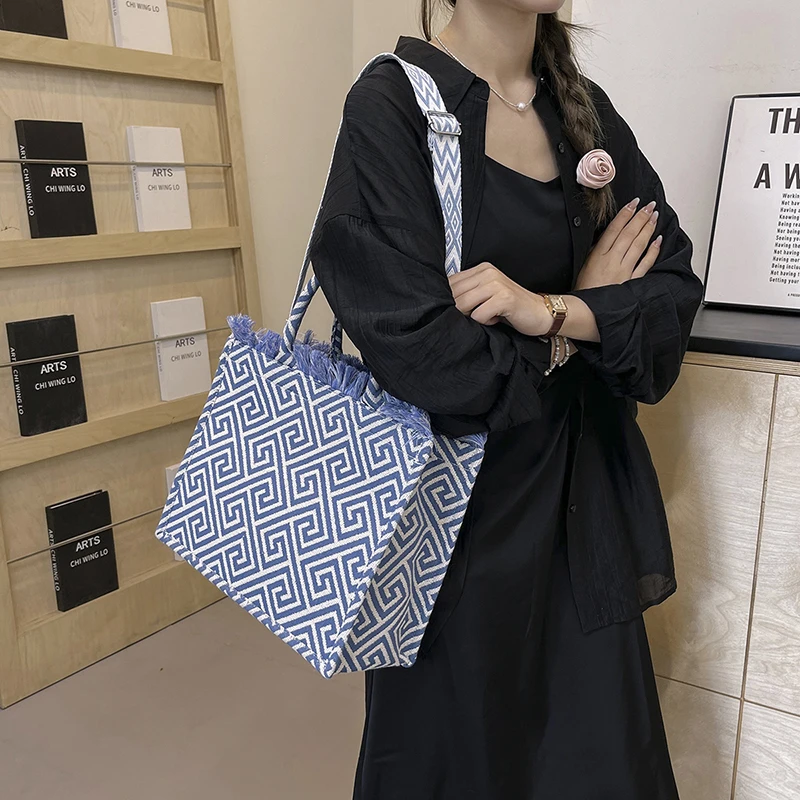 Große Kapazität Strand tasche für Frauen 2024 Mode Jacquard Stickerei Leinwand Umhängetasche Marke Designer Handtasche Einkaufstasche – Detail 3
