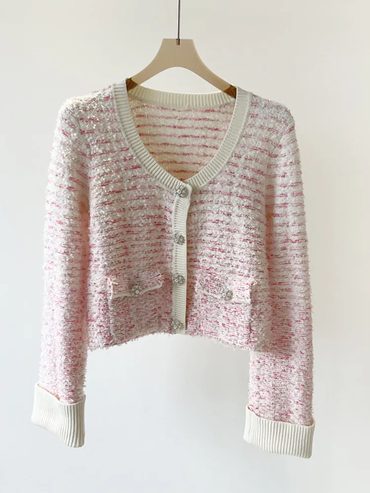 Damski sweter z dekoltem w serek słodkie perły guziki sweter damski biały  różowy kolor mieszany z długim rękawem Knitwears Top z kieszeniami 2022  nowy| | - AliExpress