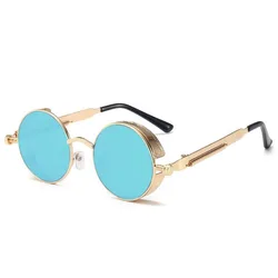 Vintage Round Steampunk Metal Frame Sunglasses (Golden Blue)