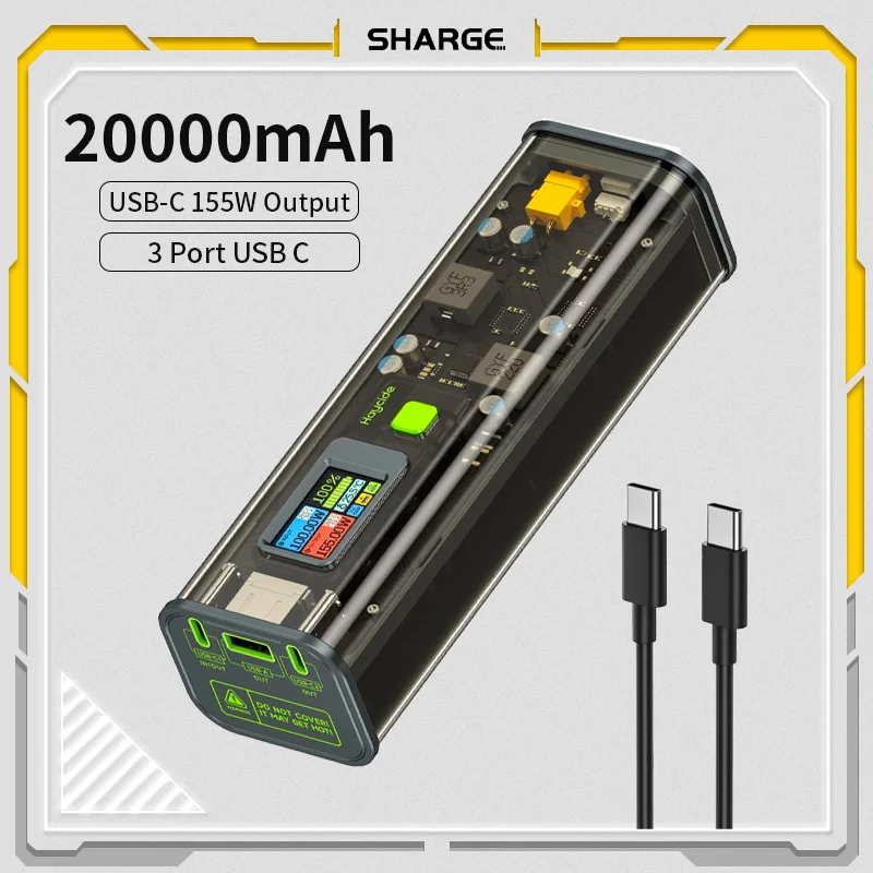 

SHARGE Haycide Series 20000mAh Power Bank Portable Charger Laptop Power Bank with 155W Output,3 Port USB C See-Through Battery