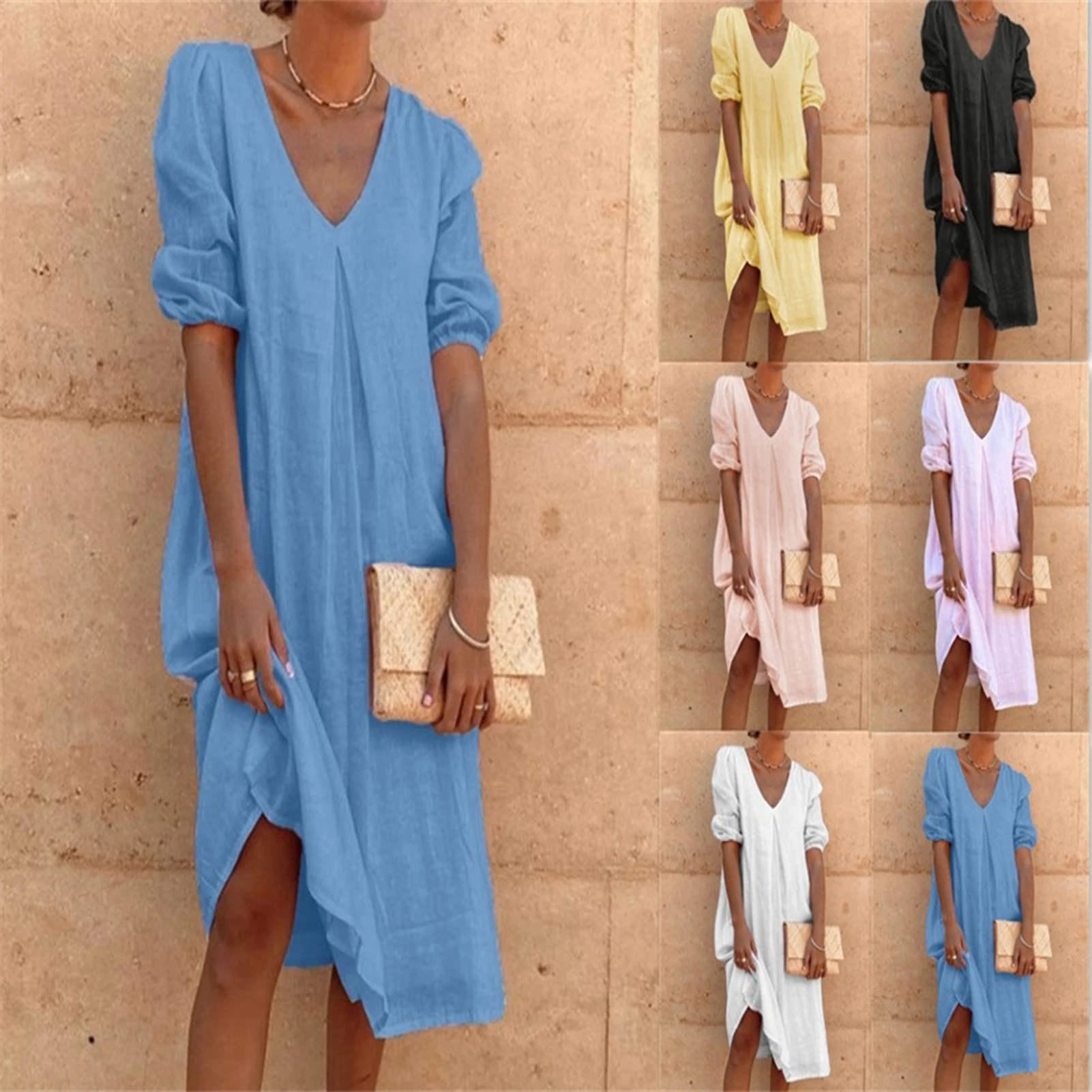 

Summer Ladies Casual Short Sleeve Dresses Femme V-Neck Mid-Calf Puff Half Sleeve Solid Color Women Midi Dress Streetwear
