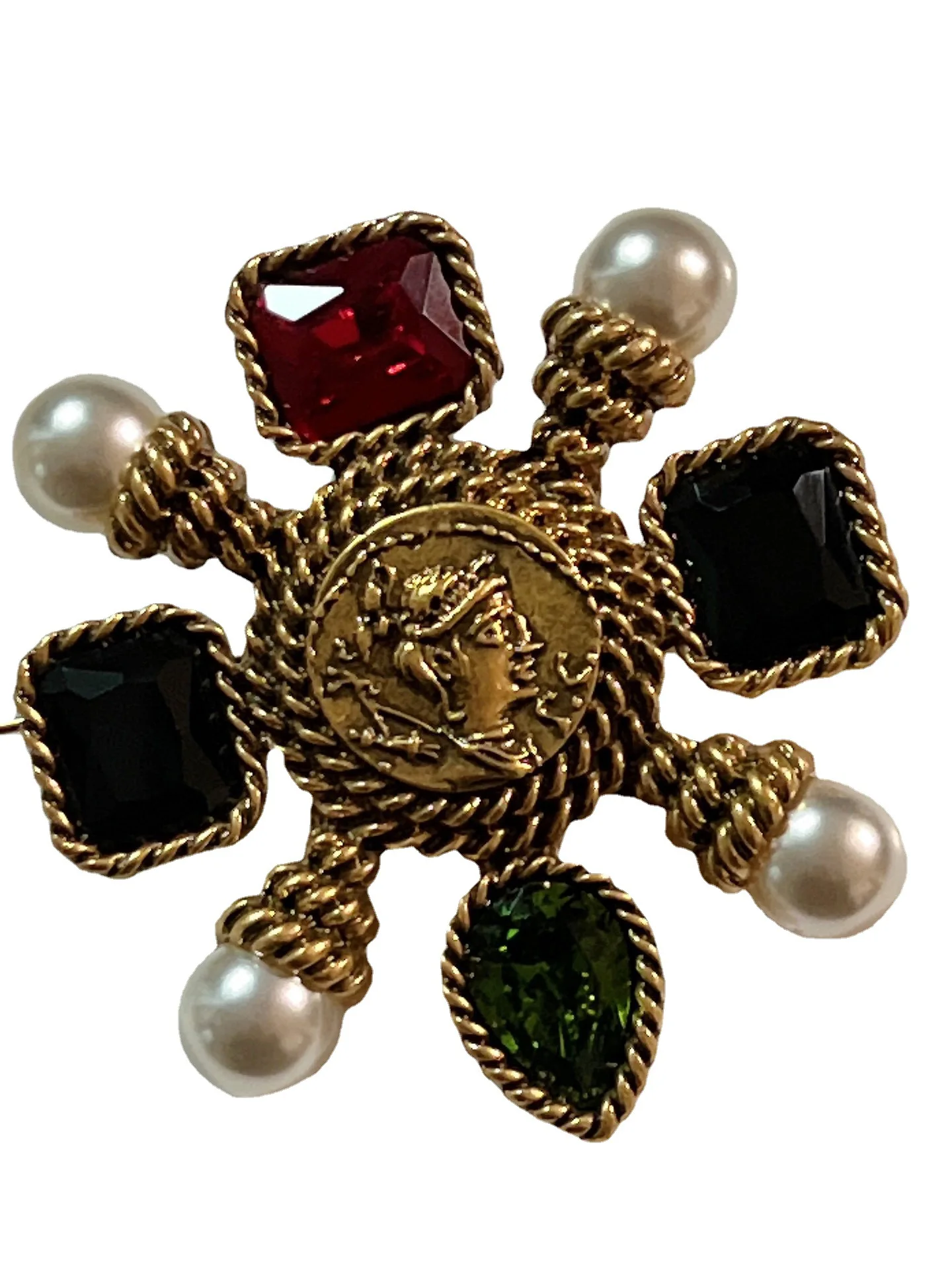 European and American fashion vintage zircon pearl antique coin brooch