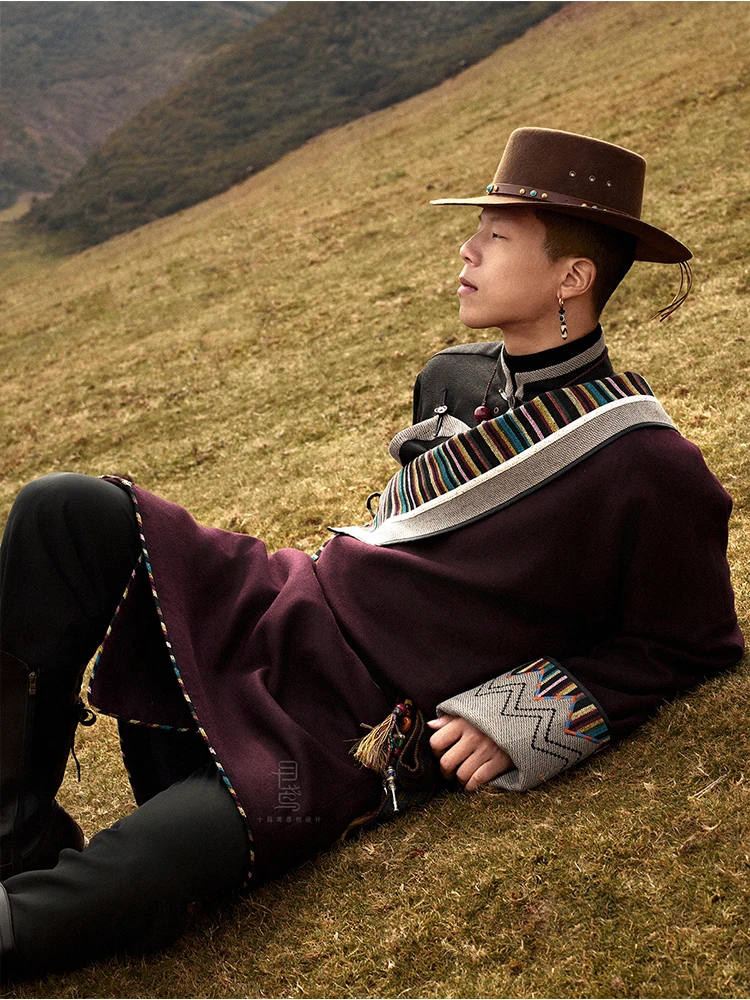 Design Tibetan Clothing Male Dark Red Color Robe Ethnic Style Travel Photography Tibet Tourism New