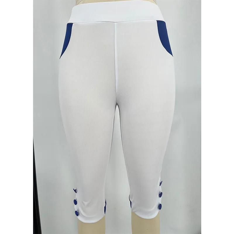 Spring Summer Solid Color Pants Patchwork Button Elastic High Waist Seven Points Casual Slim Pencil Trousers Plus Size Women
