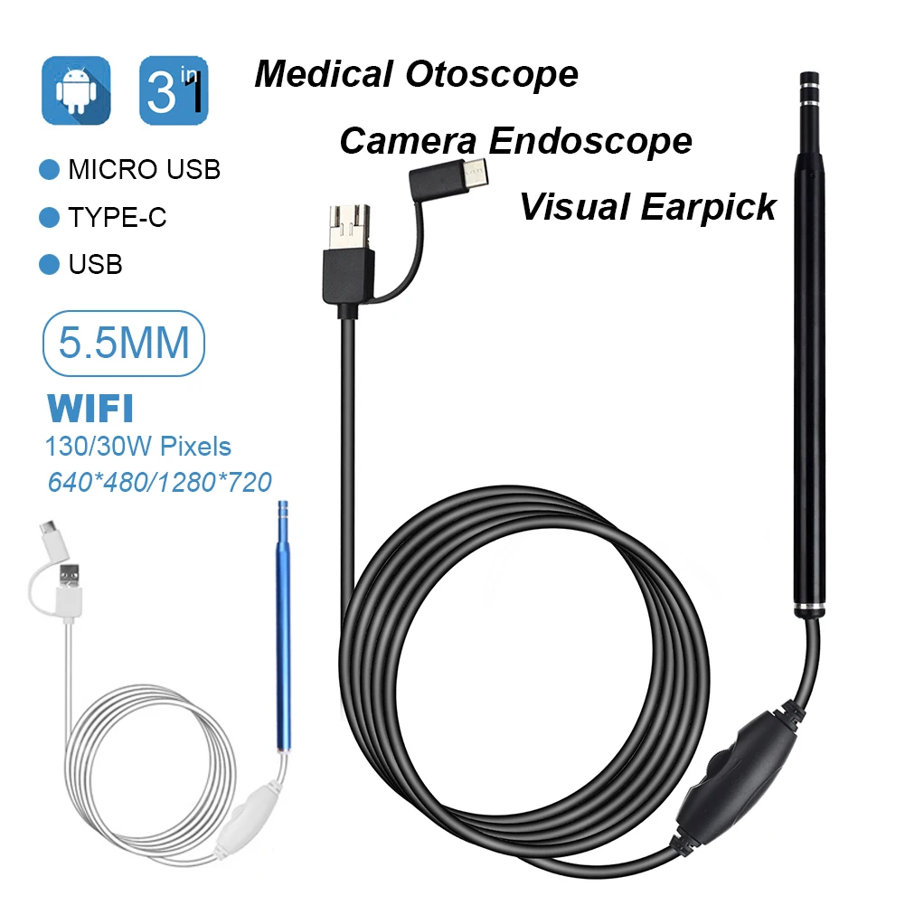 3 In 1 Wifi Medical Otoscope Oral Endoscope 6 LED Ear Spoon Mini Camera Endoscope Home Use