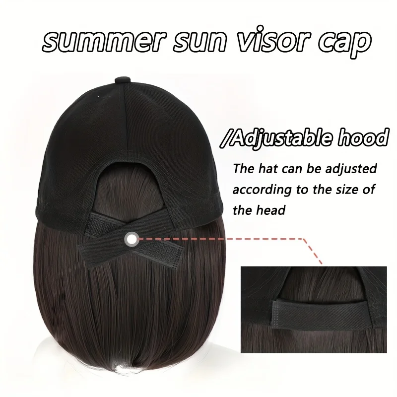 Synthetic Bob Hat Wig Women's Black Cap Sun Hat Short Straight Hair Extension Daily Wear Heat-resistant Baseball Cap Adjustable