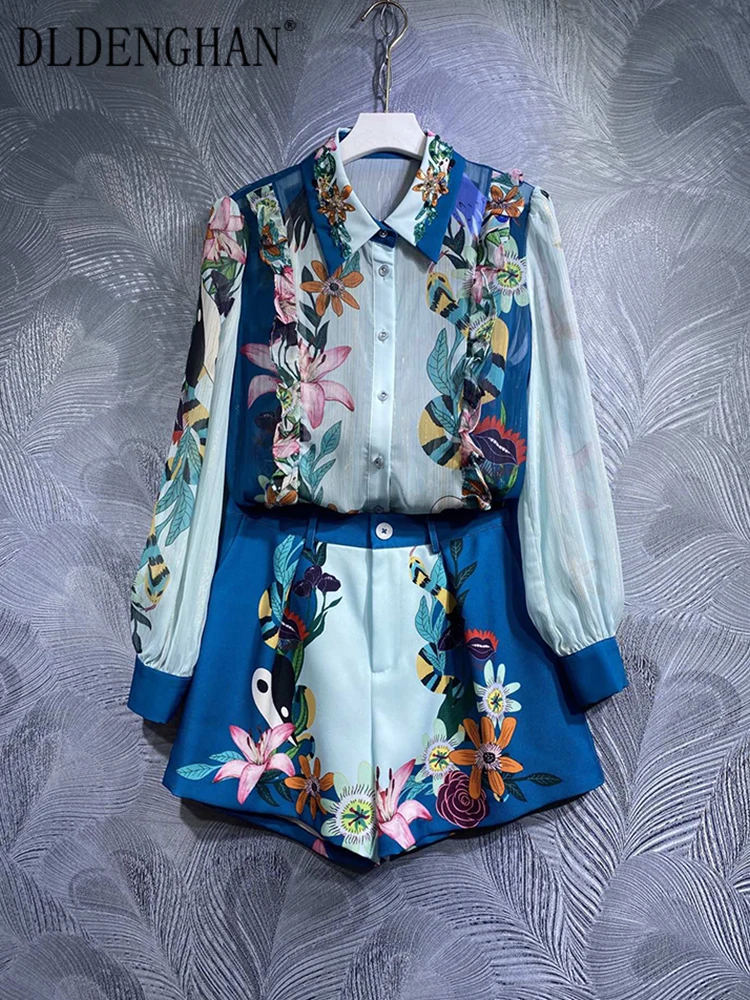 

DLDENGHAN Fashion Early Autumn Suit Women Crystal Turn-down Collar Lantern Sleeve Shirt + Pockets Shorts Print Vintage Set
