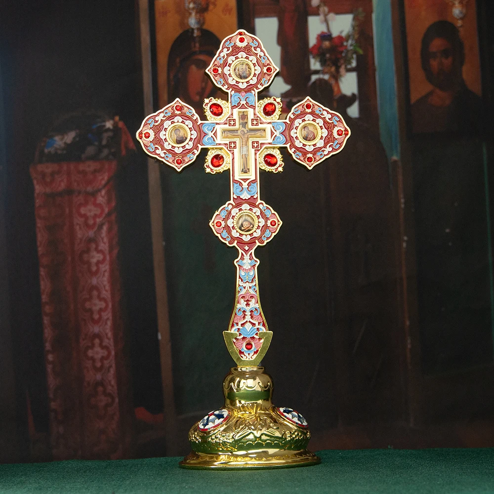 Luxuriöses Orthodoxes Christliches Geschenk: Vergoldetes Grünes Cloisonné Stehendes Kreuz, Kirchenqualität Altar-Kruzifix für Spirituelle Heimdekoration – Detail 16