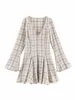 HH New Woman Spring Fashion Versatile Long Sleeves V Collar Plaid Pleated Decoration Short Dress Female Casual Outing Dress