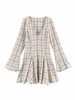 HH New Woman Spring Fashion Versatile Long Sleeves V Collar Plaid Pleated Decoration Short Dress Female Casual Outing Dress