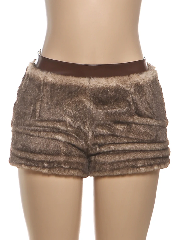 Nibber Hot Girls Furry Patchwork Shorts Woman Faux Leather High Waist Side Zipper Design Street Fashion Versatile Style Bottoms