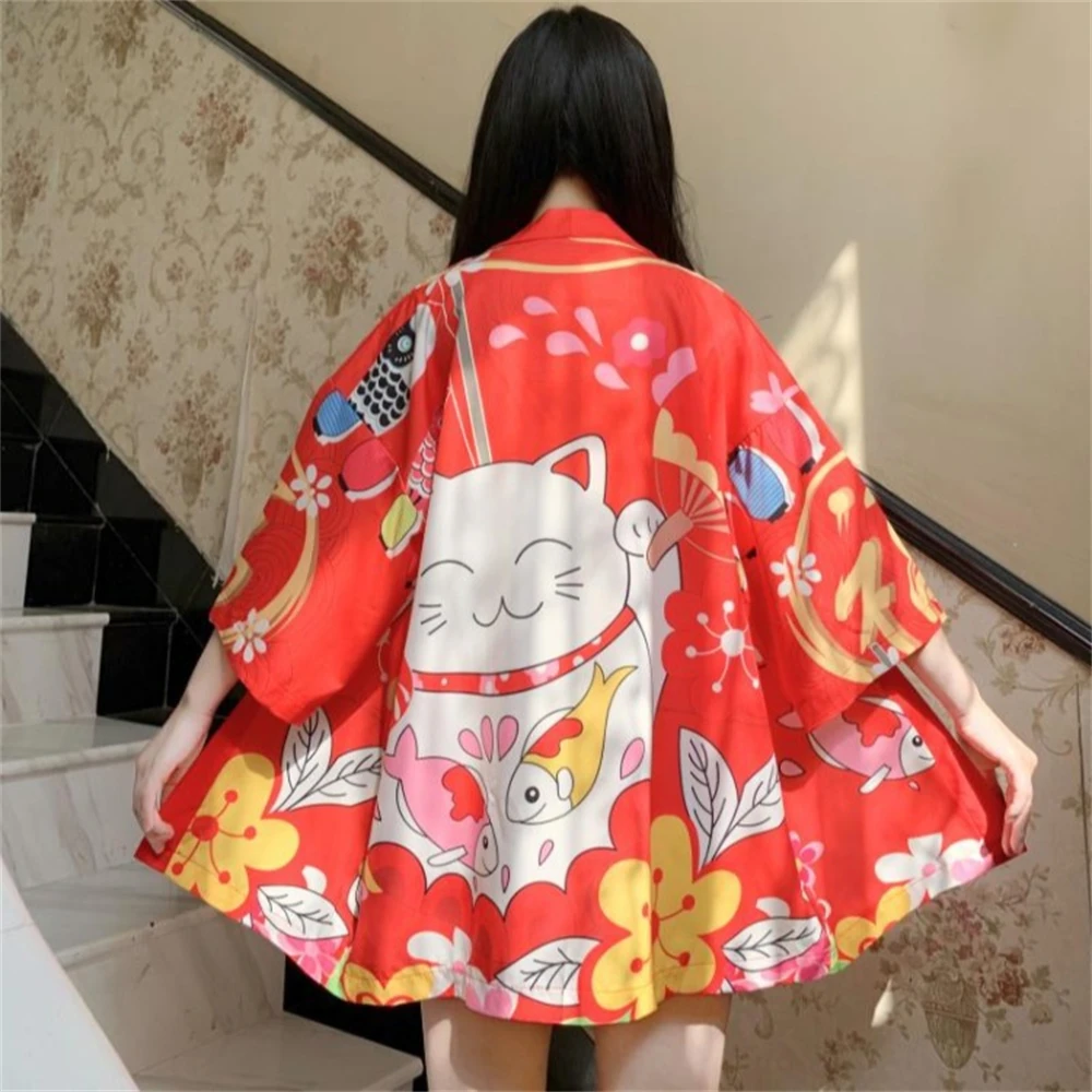 

Harajuku Haori Women Red Lucky Cat Print Kimono Streetwear Asian Clothes Japanese Samurai Yukata Summer Sunscreen Cardigan