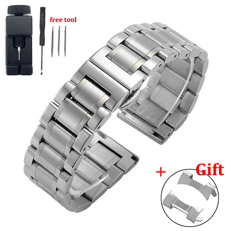 Curved End Universal Solid Stainless Steel Watch Band with Butterfly Clasp