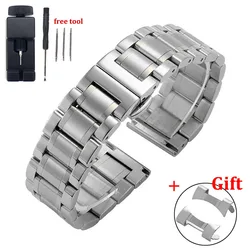 Curved End Universal Solid Stainless Steel Watch Band with Butterfly Clasp - 18mm (Silver)