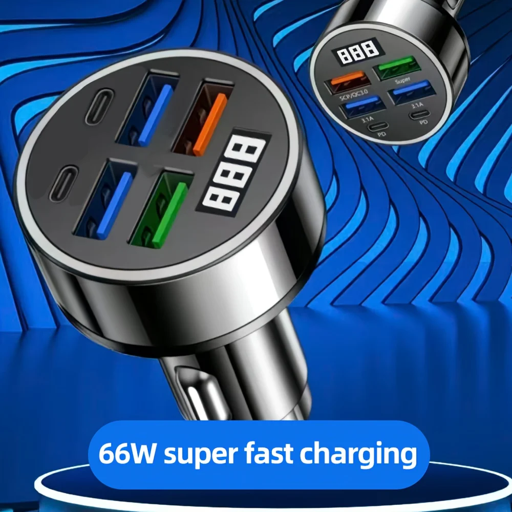 Caricabatterie Auto 6-in-1 66W, 4 Porte USB + 2 Porte Type-C, Doppio PD3.0, Caricatore Portatile Sicuro per Telefono - Image 4