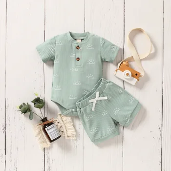 Vestiti per bambini Estate Manica corta Stampa Sole carino per neonato Top + Pantalone con fiocco Abbigliamento Set casual