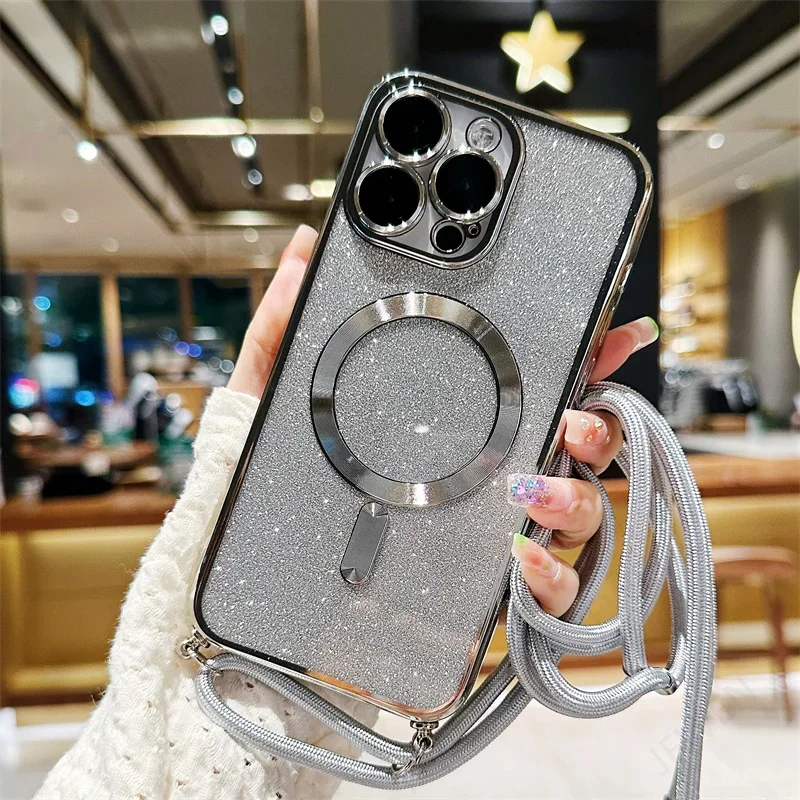 Sparkling Crossbody Lanyard Magnetic Phone Case with Electroplated Soft TPU Back Cover