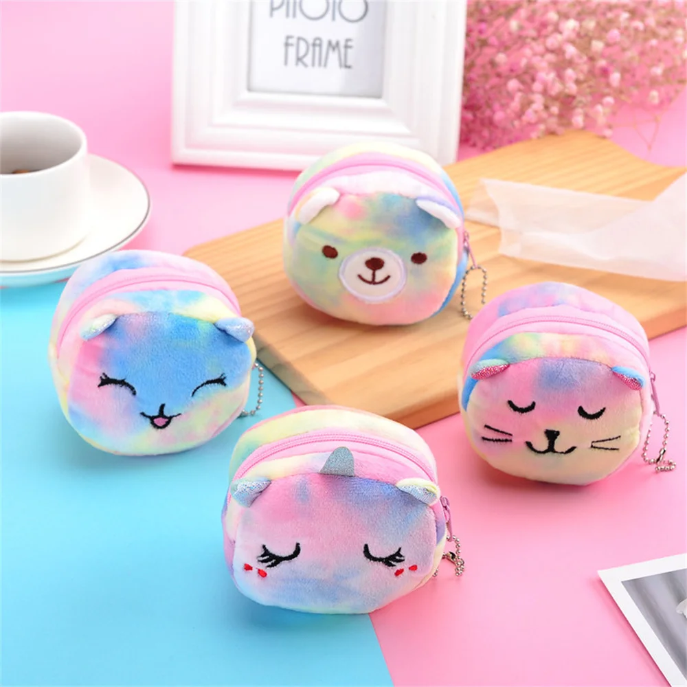 Cute Cartoon Plush Unicorn Coin Purse Cat Fur Circle Wallet Girl Clutch Embroidered Bag Key Earphone Organizer Bags Kids Gift