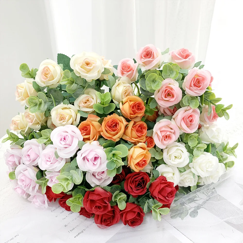 11 Heads Artificial Flower Silk Rose Eucalyptus leaves  Bouquet Fake Flower for Wedding Table Party Vase Home Decor