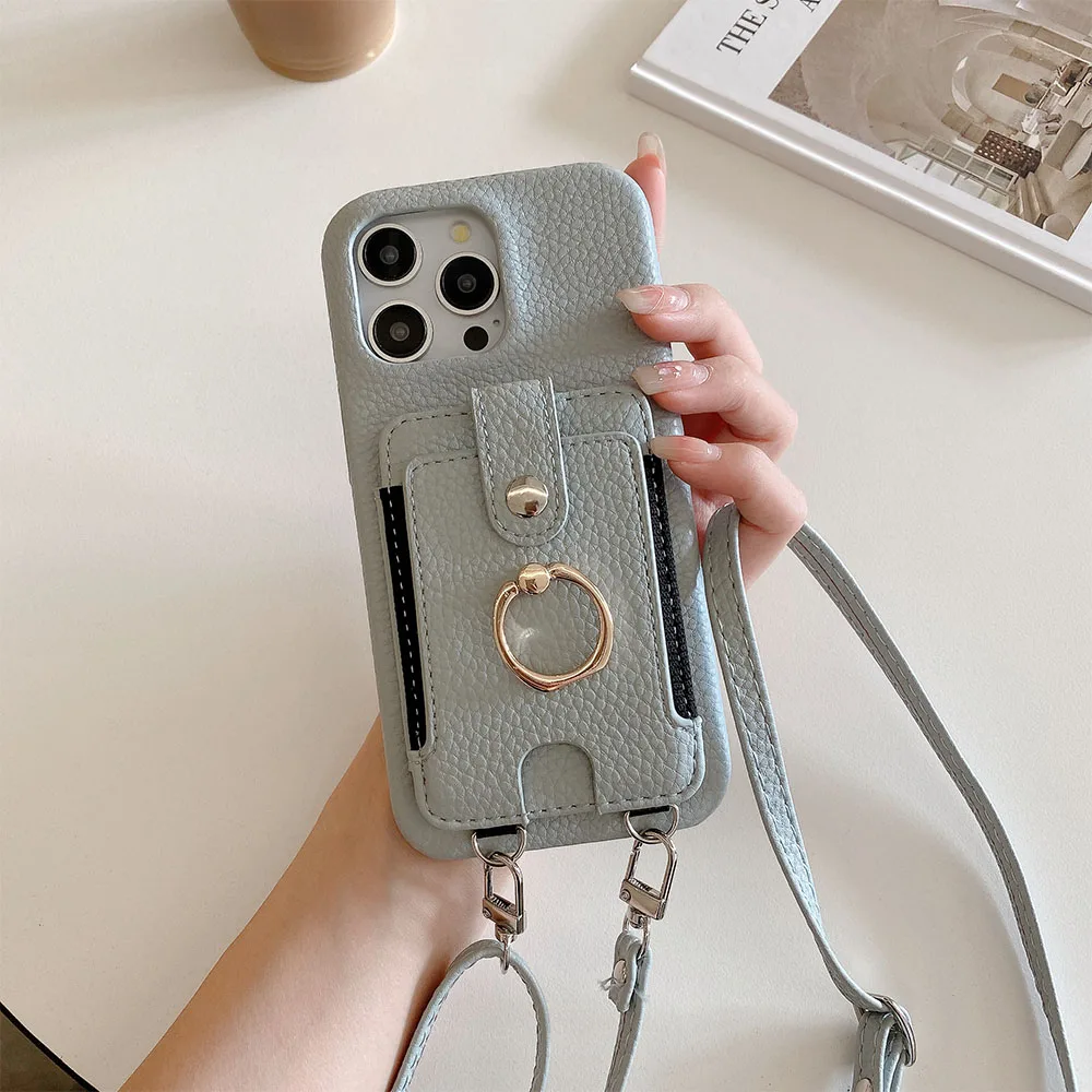 Luxurious Leather Crossbody Phone Case with Ring Wallet and Card Holder